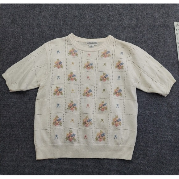 Vtg Alfred Dunner Embroidered Sweater Womens XL Floral Short Sleeve Knit Granny - Picture 1 of 10